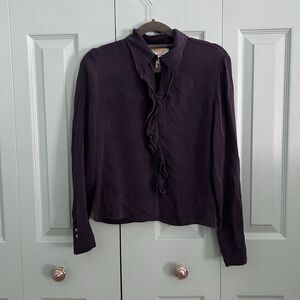 Vtg Talbots Pure Silk Navy Blue Ruffle Long Sleeve Blouse 10 Career